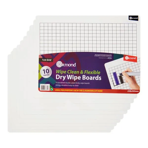 10 Dry Wipe Boards - 228x305mm - 1cm Grid