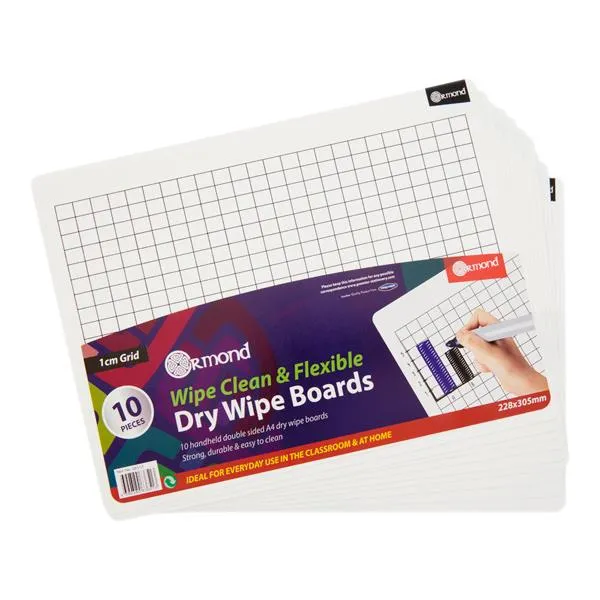 10 Dry Wipe Boards - 228x305mm - 1cm Grid