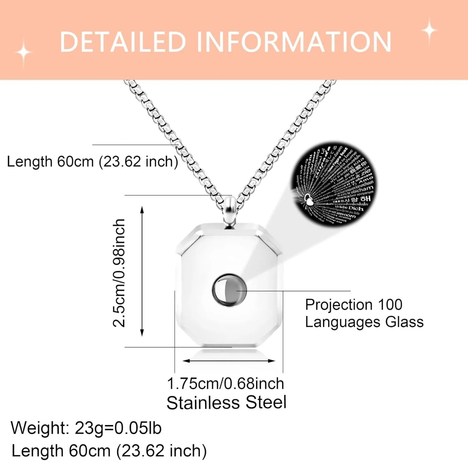 100 Languages I Love You Necklaces | Personalized Square Stainless Steel Necklace with Love Projection | Unique Jewelry for Her | YA5222