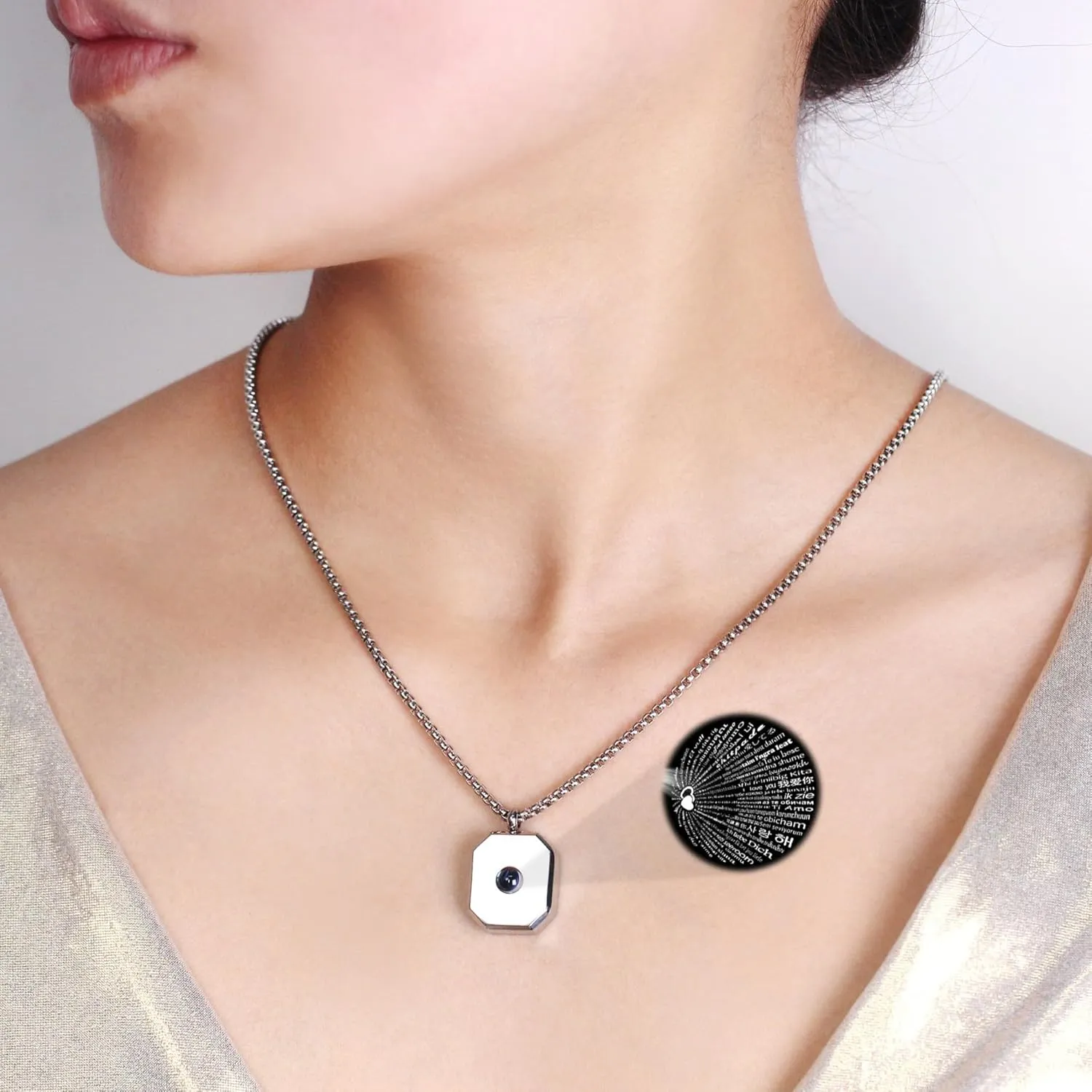 100 Languages I Love You Necklaces | Personalized Square Stainless Steel Necklace with Love Projection | Unique Jewelry for Her | YA5222