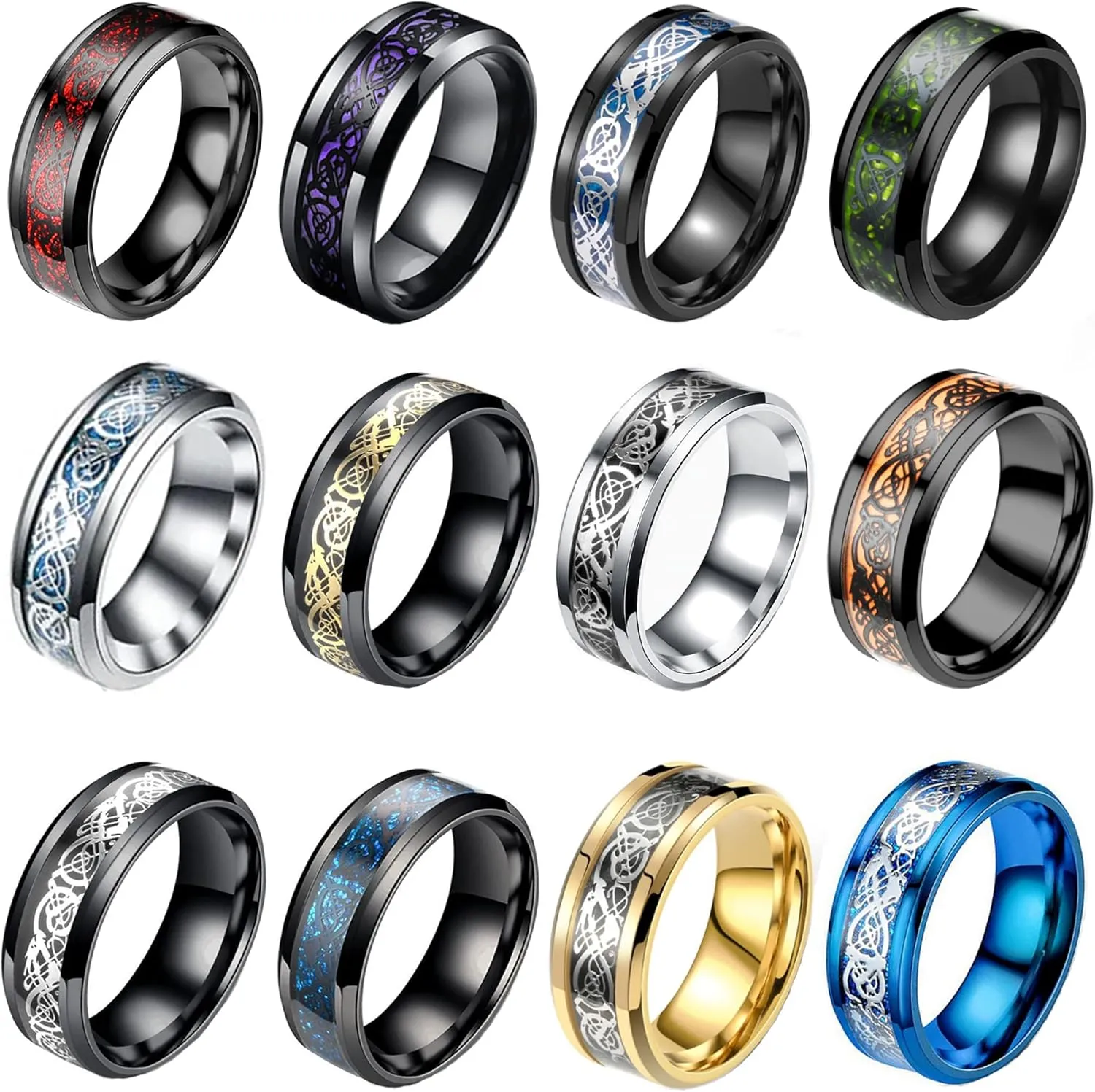 12 Pcs 8mm Stainless Steel Ring for Men Women Celtic Dragon Beveled Edges Celtic Black Rings Carbide Wedding Band Ring Set Size 7-11