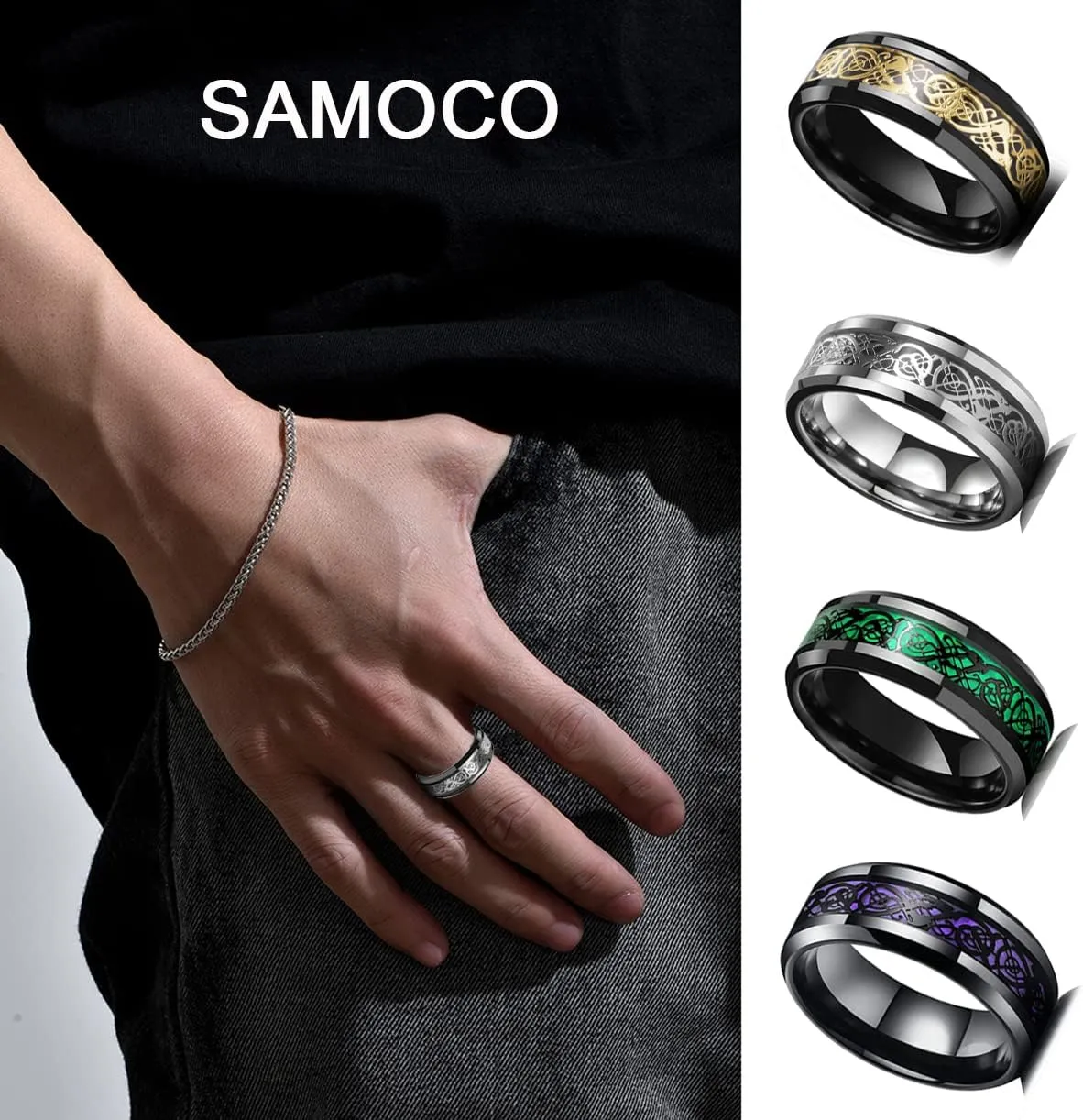 12 Pcs 8mm Stainless Steel Ring for Men Women Celtic Dragon Beveled Edges Celtic Black Rings Carbide Wedding Band Ring Set Size 7-11