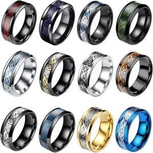12 Pcs 8mm Stainless Steel Ring for Men Women Celtic Dragon Beveled Edges Celtic Black Rings Carbide Wedding Band Ring Set Size 7-11