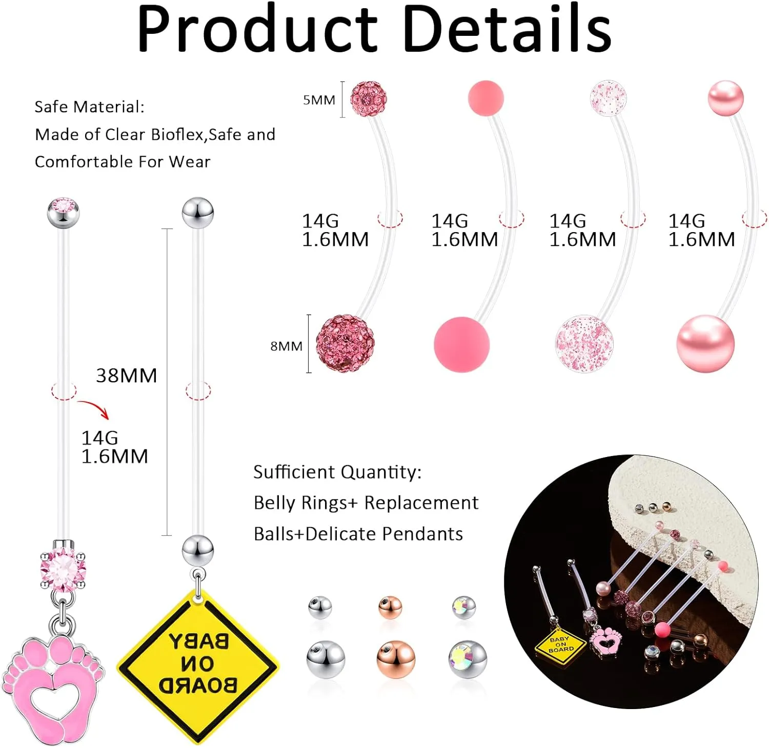 12pcs Pregnancy Belly Button Ring 14G 1.6MM Flexible Clear Acrylic Personalized Dangle Belly Piercing Pregnancy Maternity Belly Rings Length 38mm