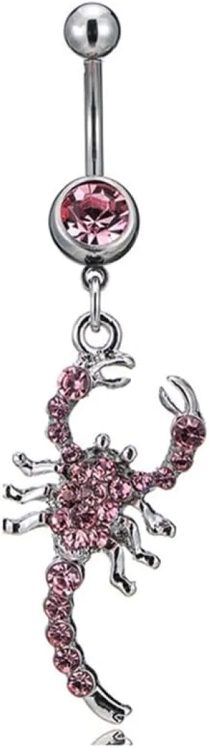 14G Scorpion Dangle Belly Button Rings Stainless Steel White Pink Rhinestone Belly Navel Rings 10mm Belly Curved Barbell Dainty Body Piercing Jewelry