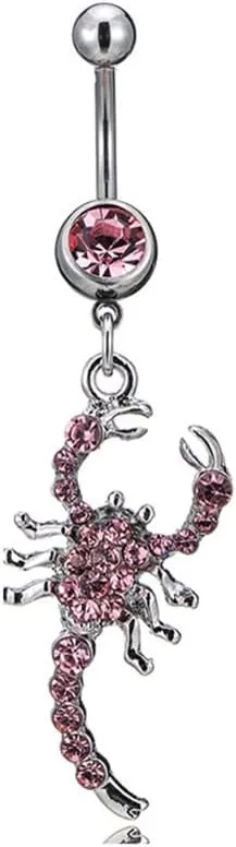 14G Scorpion Dangle Belly Button Rings Stainless Steel White Pink Rhinestone Belly Navel Rings 10mm Belly Curved Barbell Dainty Body Piercing Jewelry