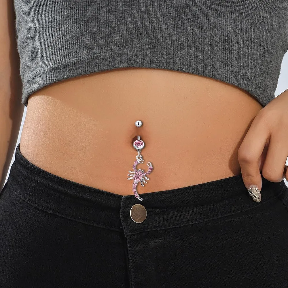 14G Scorpion Dangle Belly Button Rings Stainless Steel White Pink Rhinestone Belly Navel Rings 10mm Belly Curved Barbell Dainty Body Piercing Jewelry