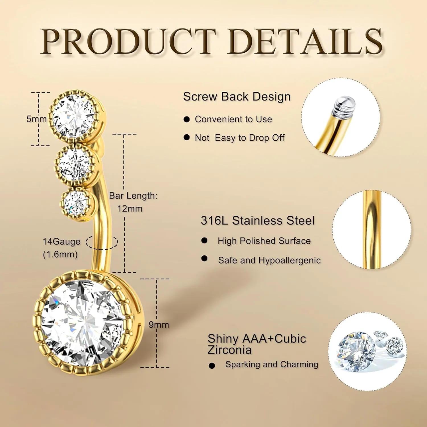 14G Stainless Steel Belly Button Rins, Heart CZ Belly Barbell Piercings, Cute Navel Piercing Jewelry For Women