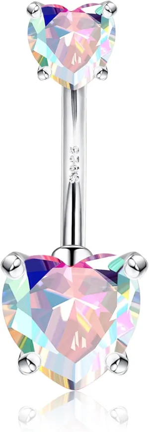 14G Sterling Silver Heart Belly Button Rings for Women Double Heart Belly Rings CZ Navel Rings Piercing Jewelry
