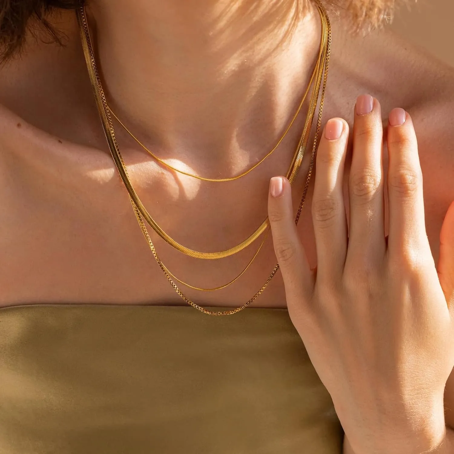 14K Gold Herringbone Necklaces for Women,Layered Dainty Silver Stack Snake Parperclip Rope Cuban Chain Necklaces for Womens,Thin Stack Trendy Choker Jewelry Sets for Women Gifts