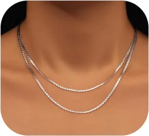 14K Gold Herringbone Necklaces for Women,Layered Dainty Silver Stack Snake Parperclip Rope Cuban Chain Necklaces for Womens,Thin Stack Trendy Choker Jewelry Sets for Women Gifts