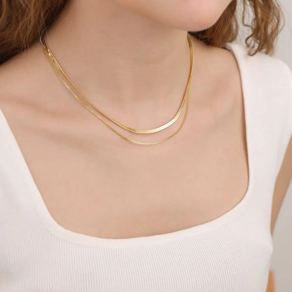 14K Gold Herringbone Necklaces for Women,Layered Dainty Silver Stack Snake Parperclip Rope Cuban Chain Necklaces for Womens,Thin Stack Trendy Choker Jewelry Sets for Women Gifts