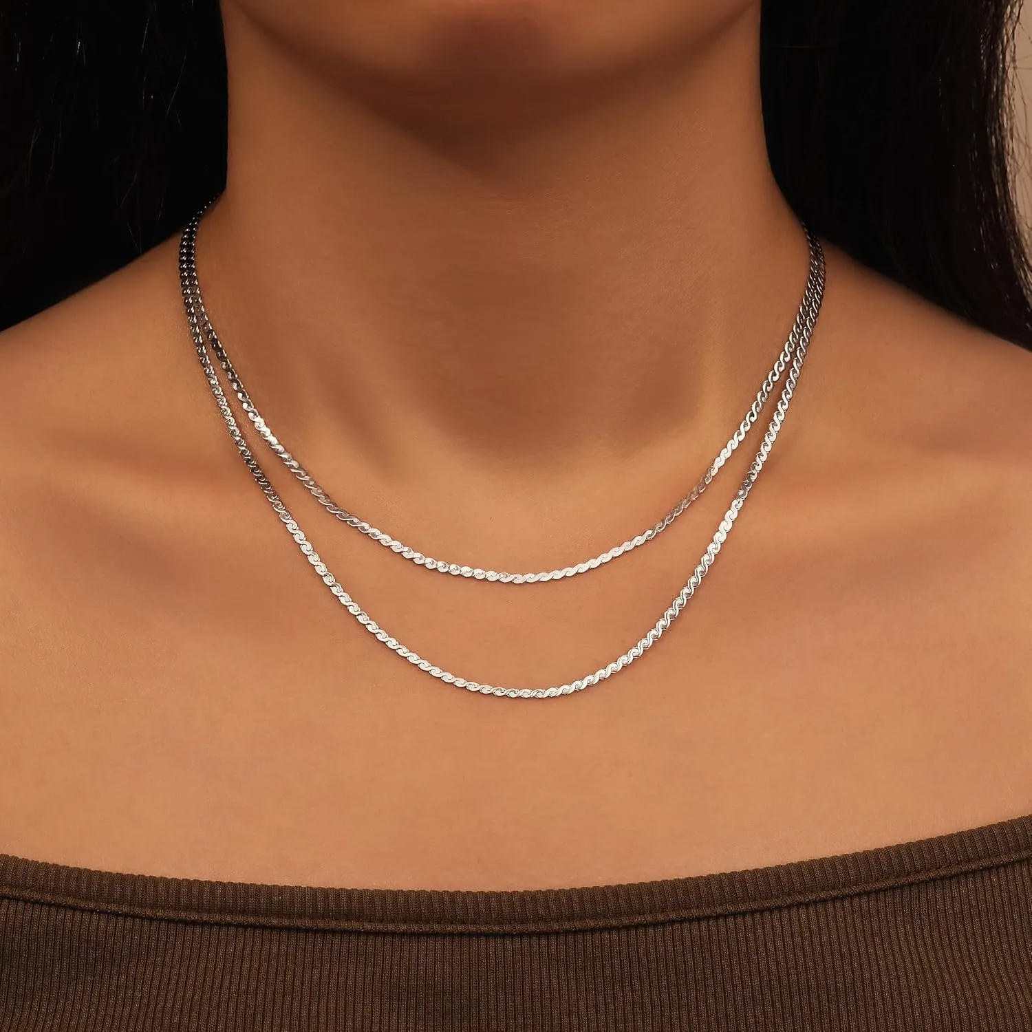 14K Gold Herringbone Necklaces for Women,Layered Dainty Silver Stack Snake Parperclip Rope Cuban Chain Necklaces for Womens,Thin Stack Trendy Choker Jewelry Sets for Women Gifts