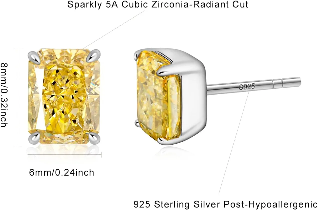 1.5CT Radiant Cut Diamond Earrings 925 Sterling Silver White/Red/Blue/Pink/Yellow Diamond Studs with 6x8mm Sparkly Simulated Diamond Cubic Zirconia Studs Earrings for Christmas Valentines Birthday Mother's Day Gifts