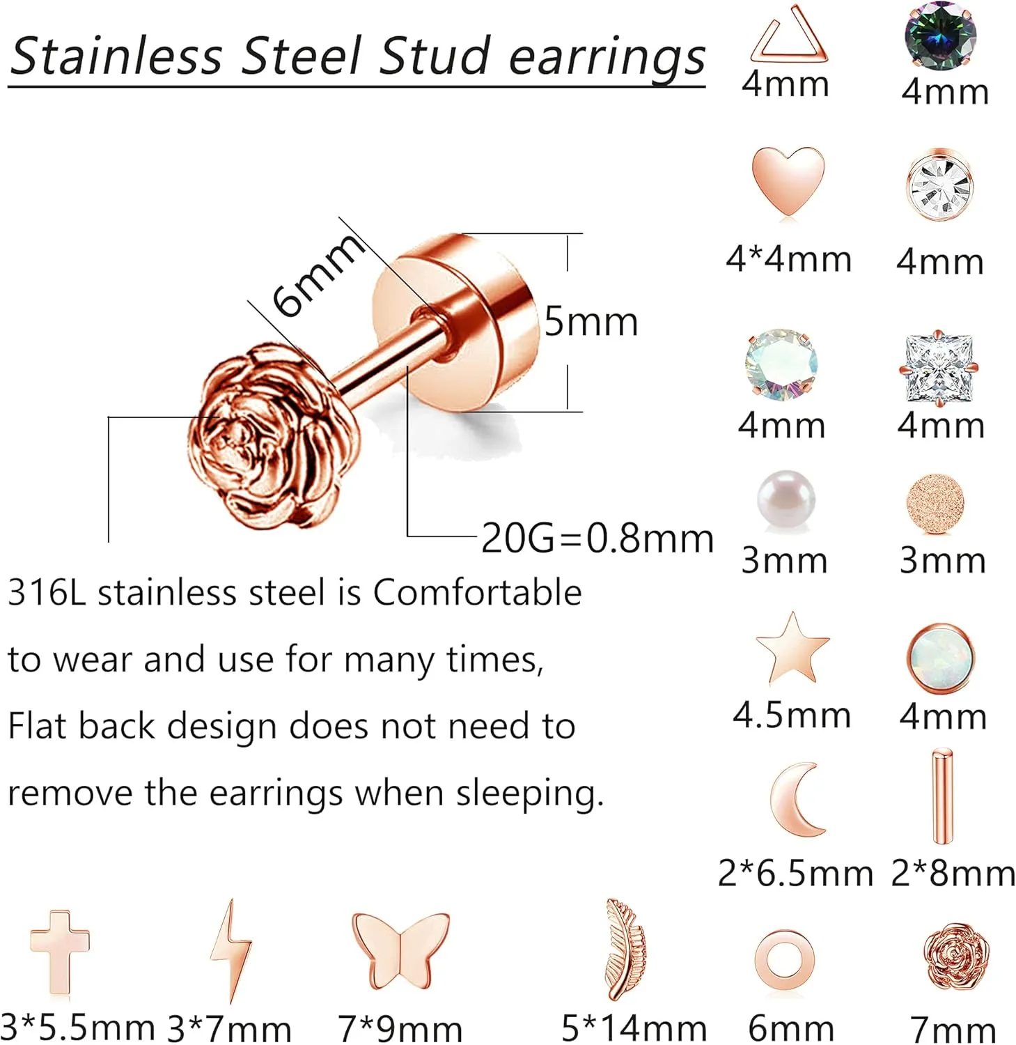 18 Pairs Stainless Steel Stud Earrings Set for Women Men Star Moon flower Heart Leaf Opal 20G Cartilage Earrings Hypoallergenic Flatback Earrings Piercing Jewelry