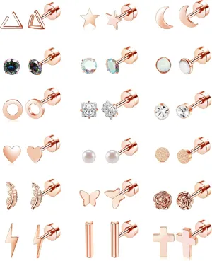 18 Pairs Stainless Steel Stud Earrings Set for Women Men Star Moon flower Heart Leaf Opal 20G Cartilage Earrings Hypoallergenic Flatback Earrings Piercing Jewelry