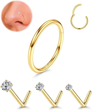 18G Nose Rings Hoops and 20G Nose Studs Set for Women Men,Hypoallergenic 316L Surgical Stainless Steel Nose Ring Gold Nose Hoop L Shape Nose Rings Studs 1.5/2/3mm CZ Sets 4Pcs