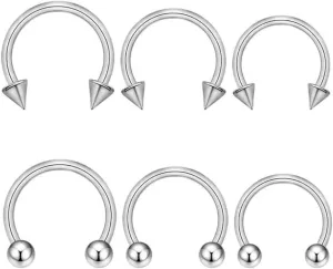 18G Nose Rings Piercing Jewelry, 6pcs Horseshoe Septum Rings,Hypoallergenic Titanium Nose Rings, 6mm/8mm/10mm Curved Barbell Multi-Size, 3mm Ball & Cone Versatile Use, Handcrafted