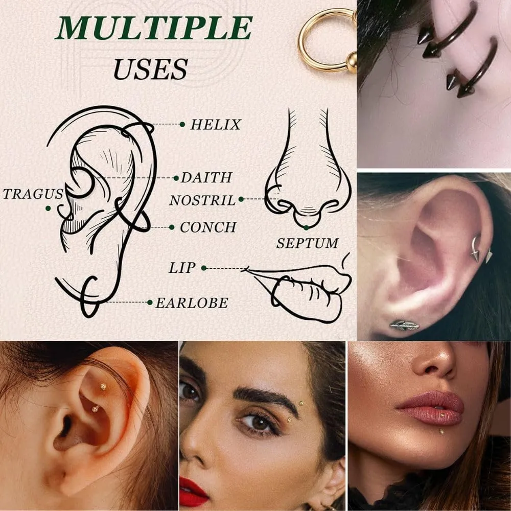 18G Nose Rings Piercing Jewelry, 6pcs Horseshoe Septum Rings,Hypoallergenic Titanium Nose Rings, 6mm/8mm/10mm Curved Barbell Multi-Size, 3mm Ball & Cone Versatile Use, Handcrafted