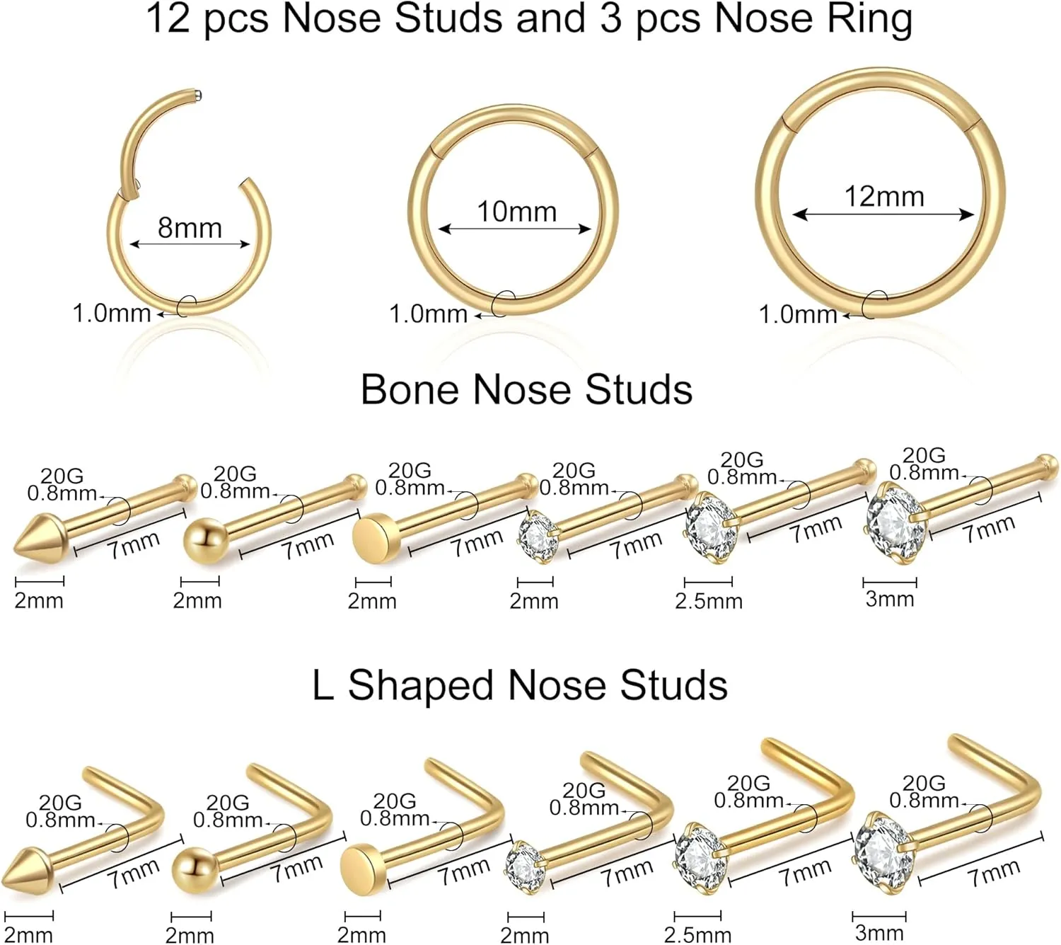 18G Surgical Steel Nose Ring,Hypoallergenic Nose Ring Studs Set L Shape Nose Studs Body Piercing Nose Hoop Ring for Women Men 9pcs