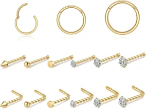 18G Surgical Steel Nose Ring,Hypoallergenic Nose Ring Studs Set L Shape Nose Studs Body Piercing Nose Hoop Ring for Women Men 9pcs