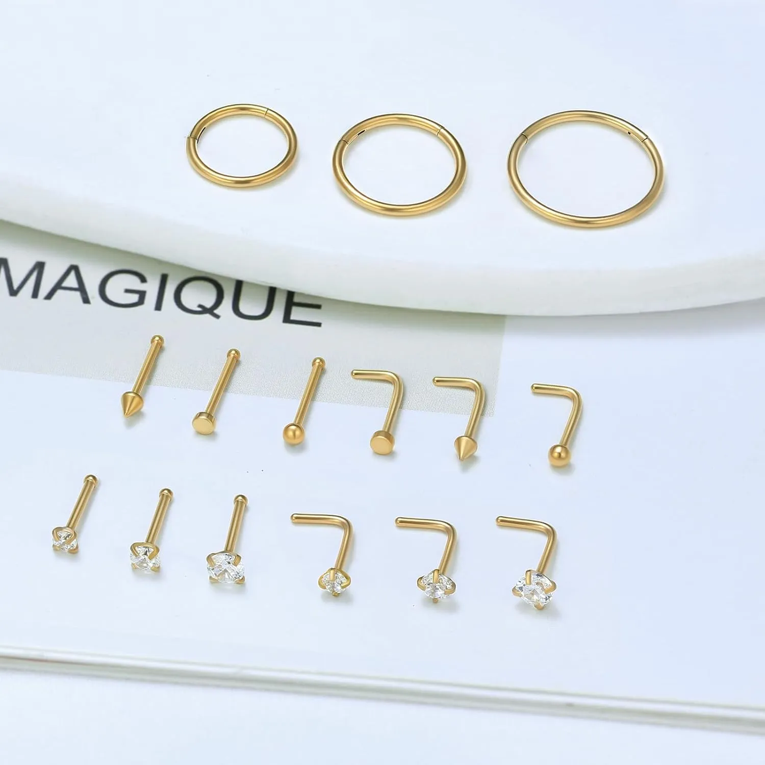 18G Surgical Steel Nose Ring,Hypoallergenic Nose Ring Studs Set L Shape Nose Studs Body Piercing Nose Hoop Ring for Women Men 9pcs