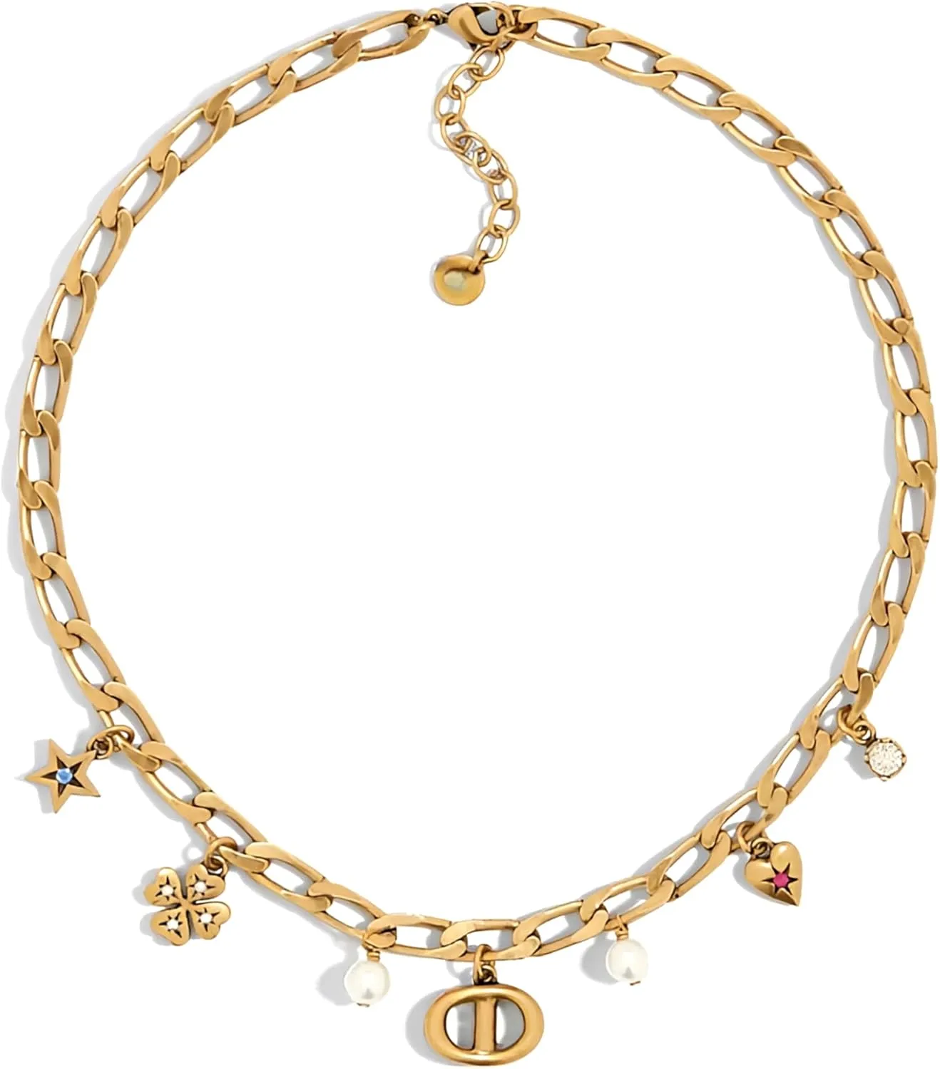 18k Gold Pearl Letter Lucky Charm Pendant Necklace for Women, Adjustable Chain with Heart, Star, Clover Charms, Fashion Jewelry Gift for Women