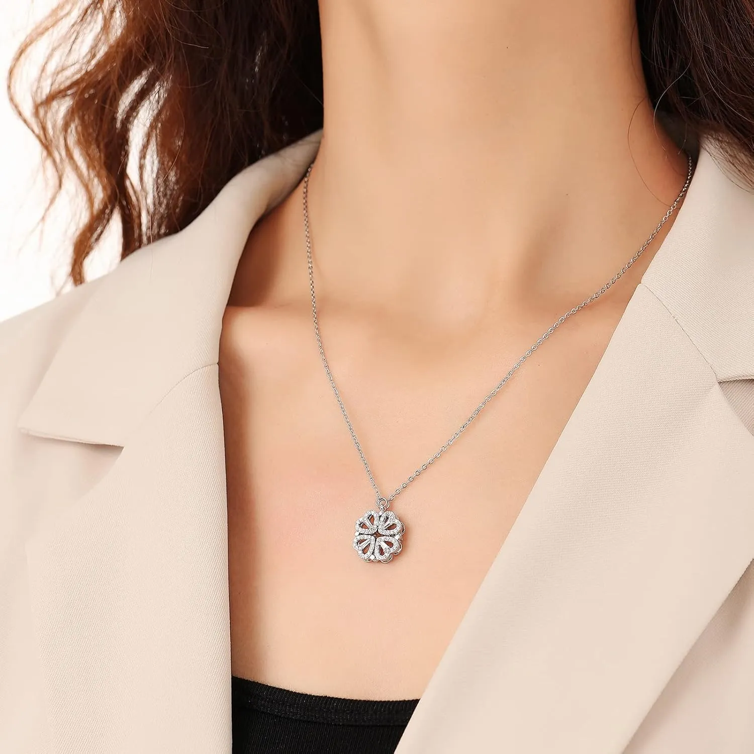 2 in 1 Four Leaf Clover Charm Lucky Necklace Heart Crystal Pendant Necklace Gold Link Valentine's Day Jewelry Gift for Women