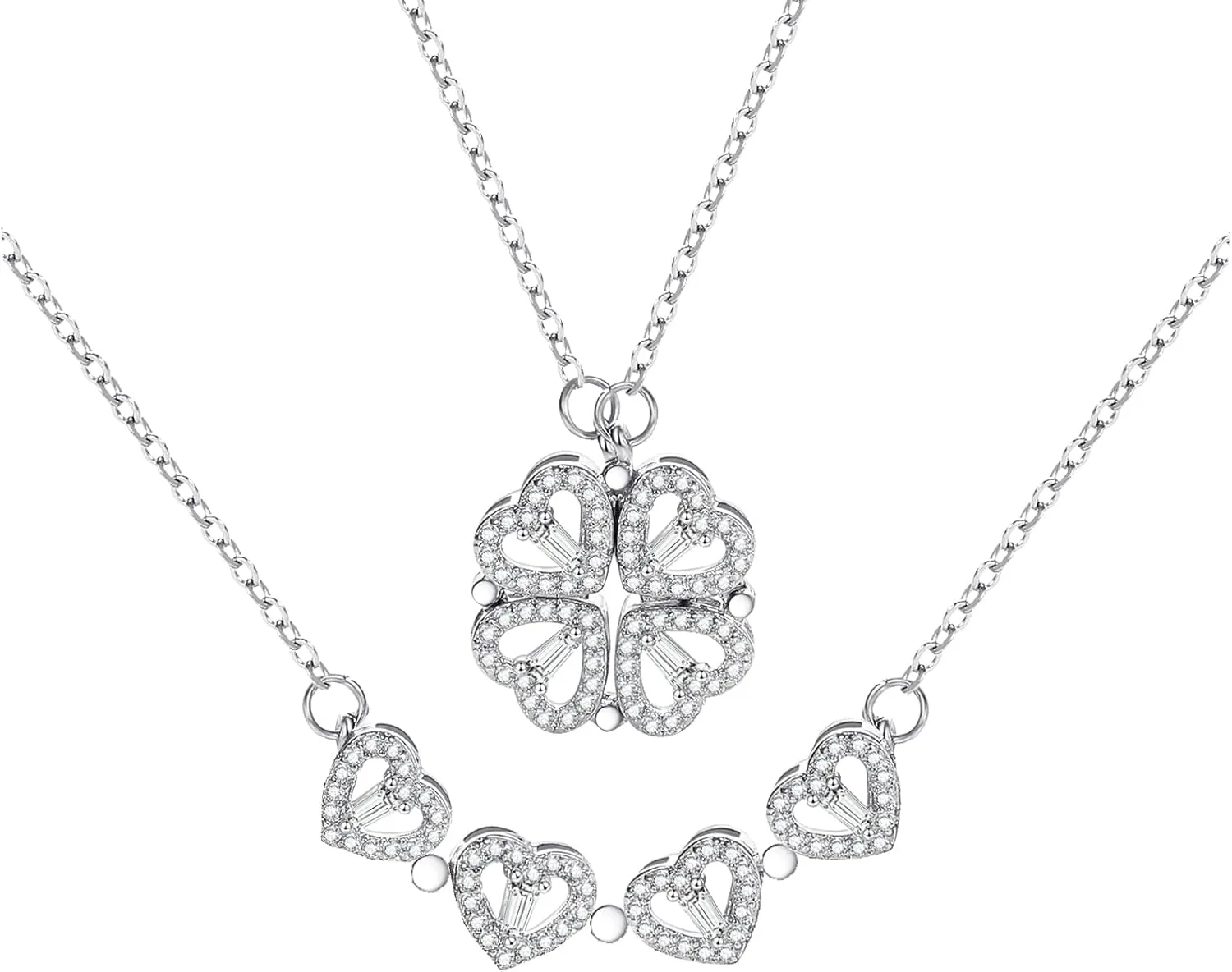 2 in 1 Four Leaf Clover Charm Lucky Necklace Heart Crystal Pendant Necklace Gold Link Valentine's Day Jewelry Gift for Women