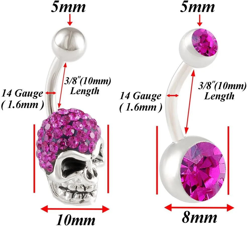 2 pcs 14g 3/8 Inch 10mm Skull Crystal Belly Button Bar Ring Implant Grade Surgical Steel Navel Barbell Piercing