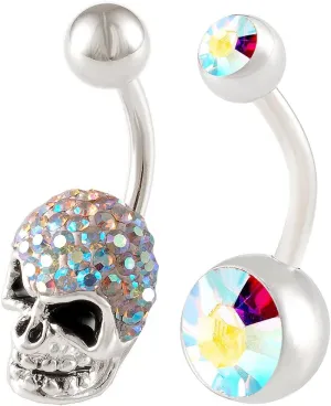 2 pcs 14g 3/8 Inch 10mm Skull Crystal Belly Button Bar Ring Implant Grade Surgical Steel Navel Barbell Piercing