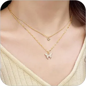2 Pcs Butterfly Necklace for Women Butterfly Pendant Necklace 2 Layered Butterfly Necklace Insect Chain Necklace Jewelry for Girls