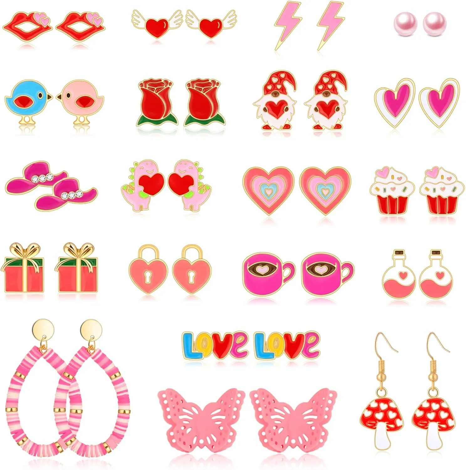 20 Pairs Hypoallergenic Valentine's Day Themed Earrings Set for Teen Girls Women Valentines Day Pink Heart Love Gnome Earrings for Girls Cute Bulk Valentines Jewelry Earrings for Kids Little Girls
