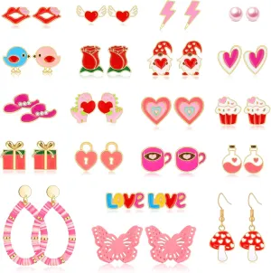 20 Pairs Hypoallergenic Valentine's Day Themed Earrings Set for Teen Girls Women Valentines Day Pink Heart Love Gnome Earrings for Girls Cute Bulk Valentines Jewelry Earrings for Kids Little Girls