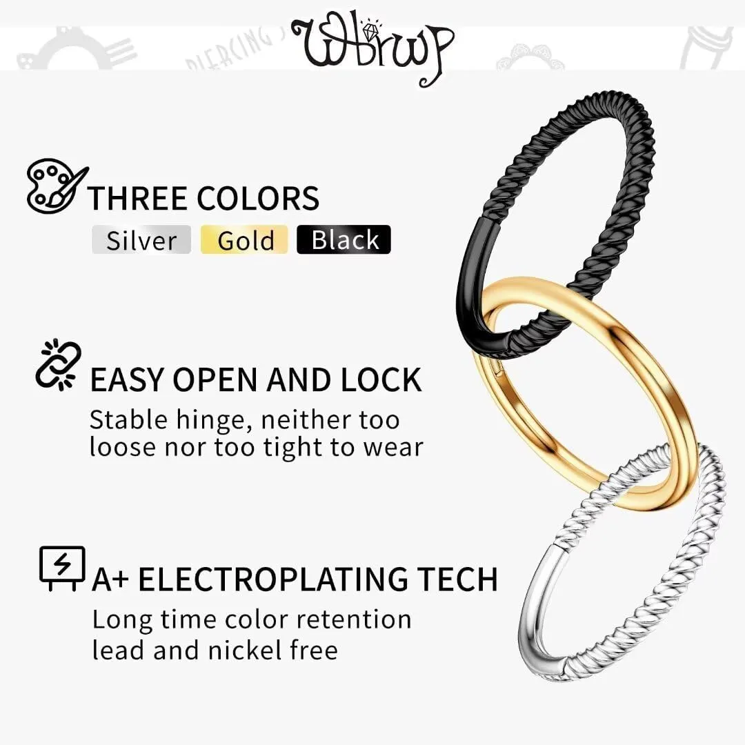 20G 18G 16G 14G Hinged Nose Rings Hoops: 2 Pcs Surgical Steel Seamless Twisted CZ Nose Rings Clicker for Septum Lip Piercing Cartilage Helix Tragus Conch Rook Daith Lobe Earrings 6mm 7mm 8mm 9mm 10mm 12mm Body Piercing Jewelry