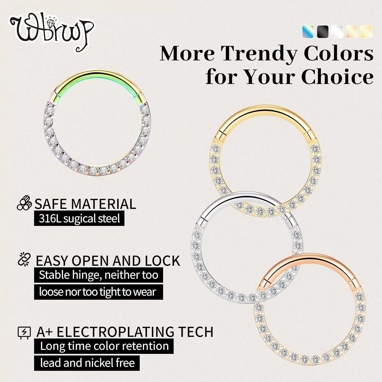 20G 18G 16G 14G Hinged Nose Rings Hoops: 2 Pcs Surgical Steel Seamless Twisted CZ Nose Rings Clicker for Septum Lip Piercing Cartilage Helix Tragus Conch Rook Daith Lobe Earrings 6mm 7mm 8mm 9mm 10mm 12mm Body Piercing Jewelry