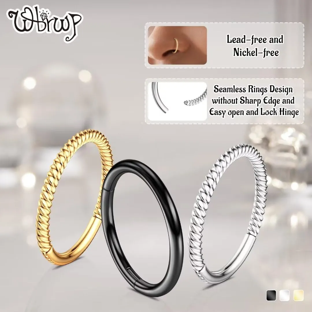 20G 18G 16G 14G Hinged Nose Rings Hoops: 2 Pcs Surgical Steel Seamless Twisted CZ Nose Rings Clicker for Septum Lip Piercing Cartilage Helix Tragus Conch Rook Daith Lobe Earrings 6mm 7mm 8mm 9mm 10mm 12mm Body Piercing Jewelry