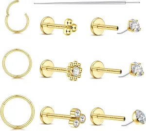 20G/18G Nose Rings Studs for Women Men - 14K Gold Filled Flat Back Nose Studs Nose Ring Hoops Hypoallergenic Surgical Steel Threadless Push in CZ Helix Tragus Conch Nostril Cartilage Piercing Jewelry