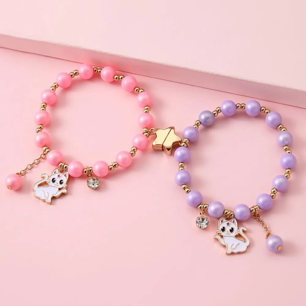 2/3 Pcs Best Friends Couple Bracelets Love Heart Cute Cats Butterfly Cross Pendants Beads Stretch Bracelets for Women Mother Daughter Birthday Gift
