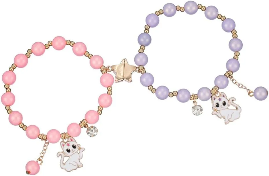 2/3 Pcs Best Friends Couple Bracelets Love Heart Cute Cats Butterfly Cross Pendants Beads Stretch Bracelets for Women Mother Daughter Birthday Gift