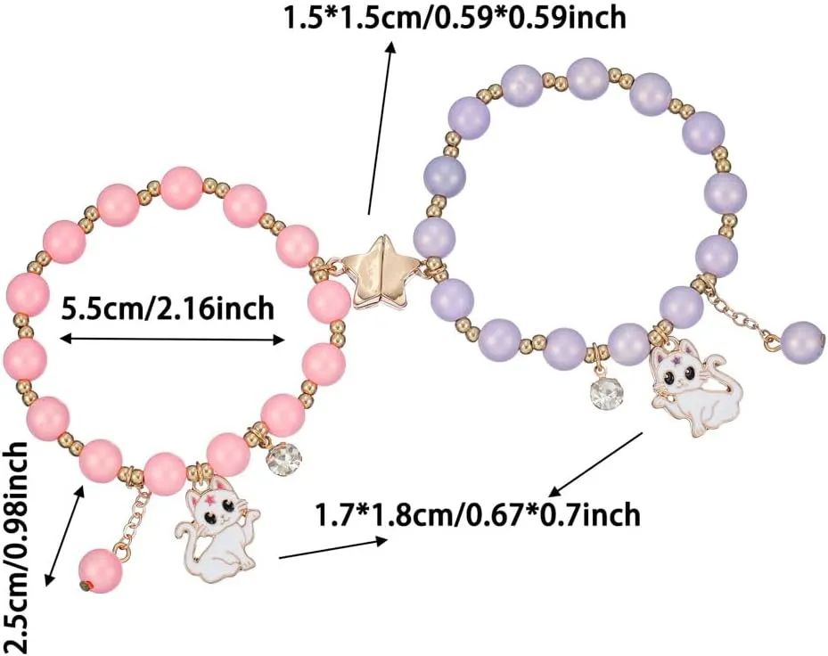 2/3 Pcs Best Friends Couple Bracelets Love Heart Cute Cats Butterfly Cross Pendants Beads Stretch Bracelets for Women Mother Daughter Birthday Gift