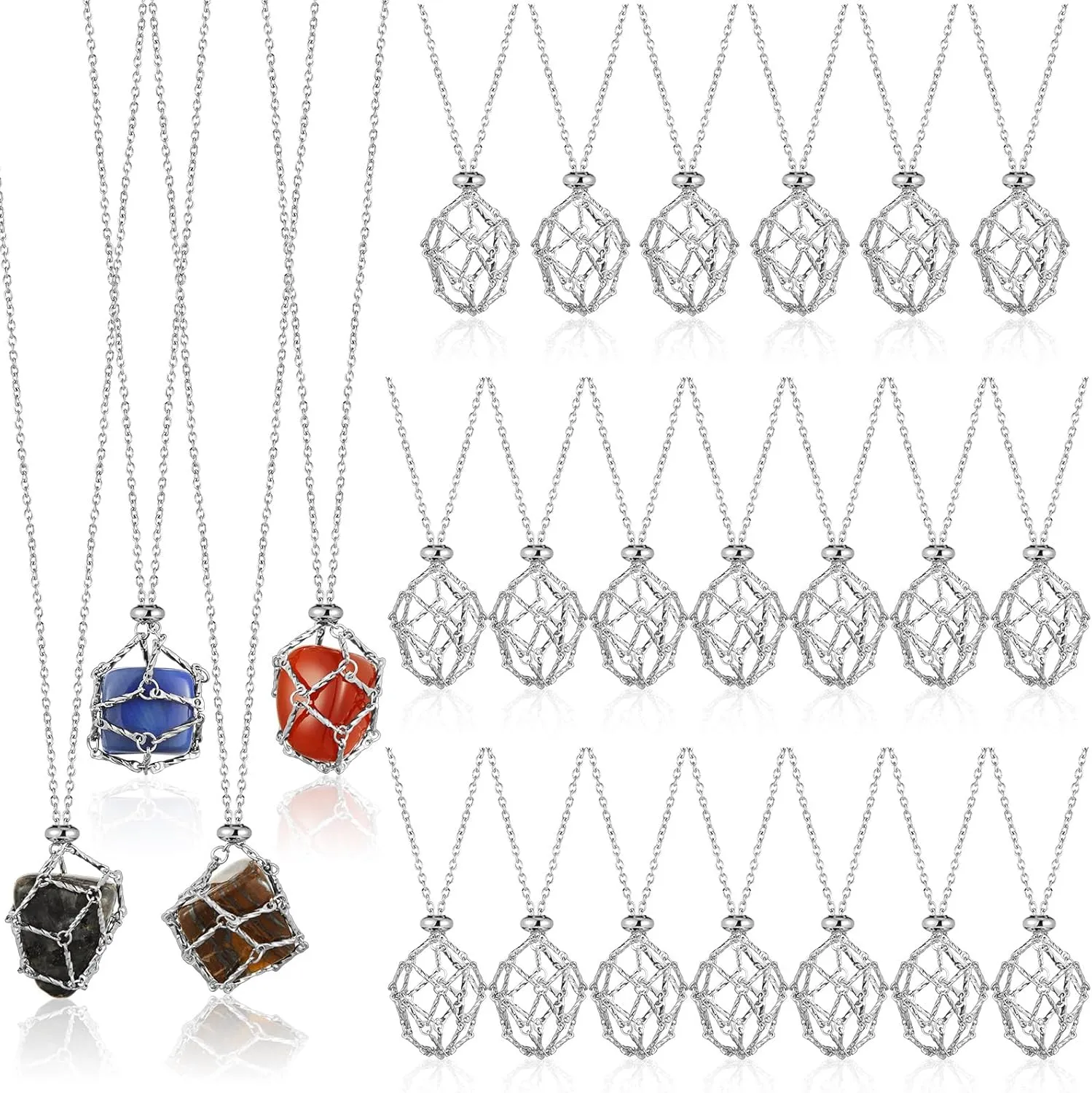 24 Pieces Silver Stainless Steel Crystal Cage Necklace Adjustable Metal Crystal Holder Necklace Interchangeable Gemstone Jewelry Metal Empty Pendant Net for Women Men