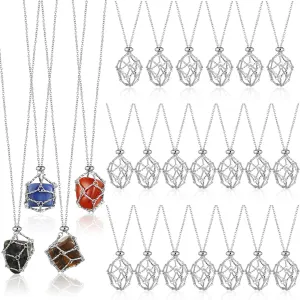 24 Pieces Silver Stainless Steel Crystal Cage Necklace Adjustable Metal Crystal Holder Necklace Interchangeable Gemstone Jewelry Metal Empty Pendant Net for Women Men