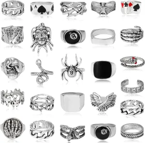 26 Pcs Vintage Silver Punk Rings Set for Men Cool Gothic Chunky Rings Statement Snake Wing Signet Ring Set