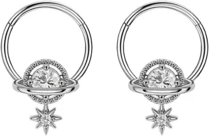 2Pcs 16G Planet Septum Rings Surgical Steel Septum Jewelry Helix Daith Earrings 10mm Hinged Segment Rings Nose Cartilage Piercing Jewelry for Women