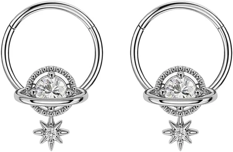 2Pcs 16G Planet Septum Rings Surgical Steel Septum Jewelry Helix Daith Earrings 10mm Hinged Segment Rings Nose Cartilage Piercing Jewelry for Women