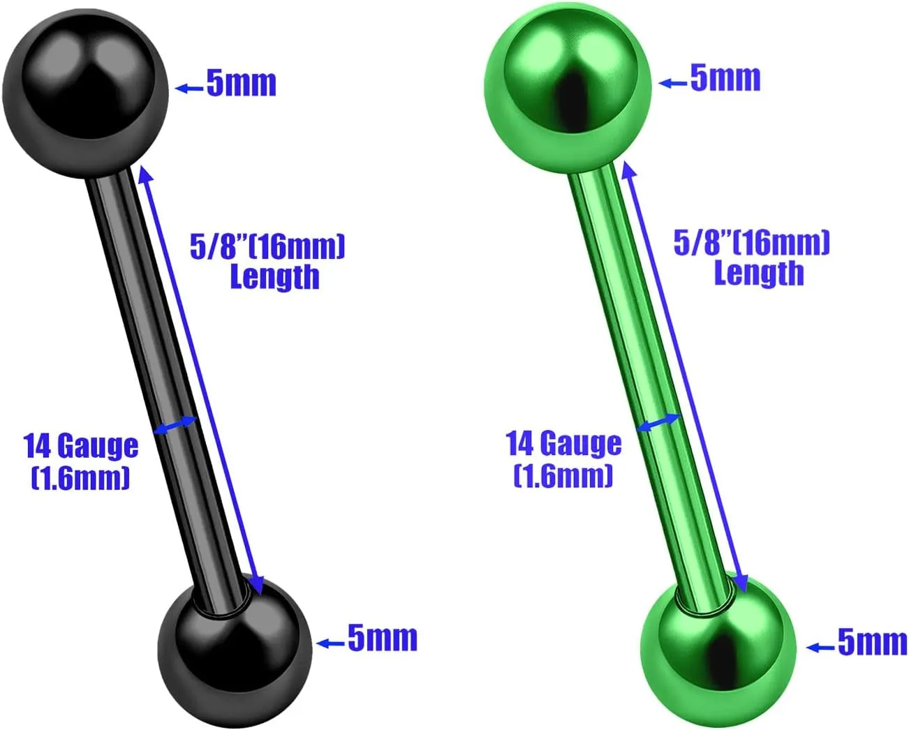 2Pcs Anodized Titanium G23 14g tongue piercing jewelry Piercing Jewelry 5mm Ball More Choices