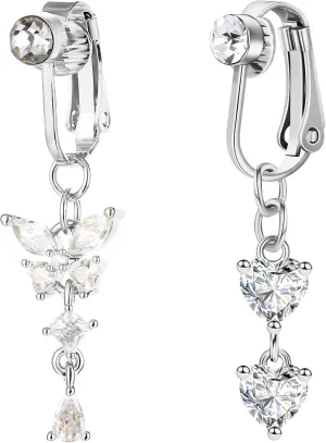 2PCS Belly Piercing Clip On Butterfly Heart Fake Belly Button Rings CZ Dangle