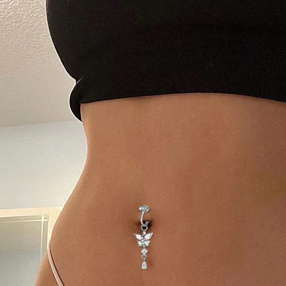 2PCS Belly Piercing Clip On Butterfly Heart Fake Belly Button Rings CZ Dangle