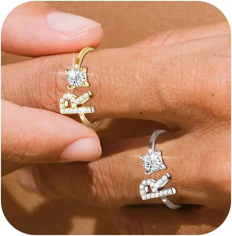 2PCS Initial Ring for Women Silver Gold Plated Rhinestone Letter Initial Rings Stackable Rings for Women Adjustable Crystal Alphabet Letter Rings Jewelry Gifts for Women Trendy Stocking Stuffers